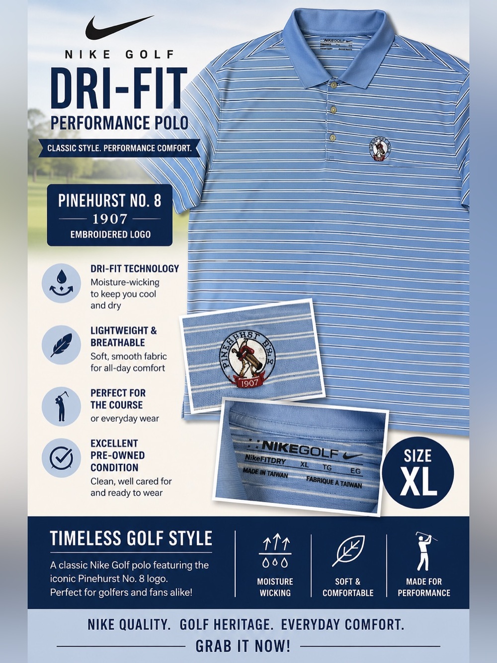 Nike Light Blue and White Striped Golf Polo